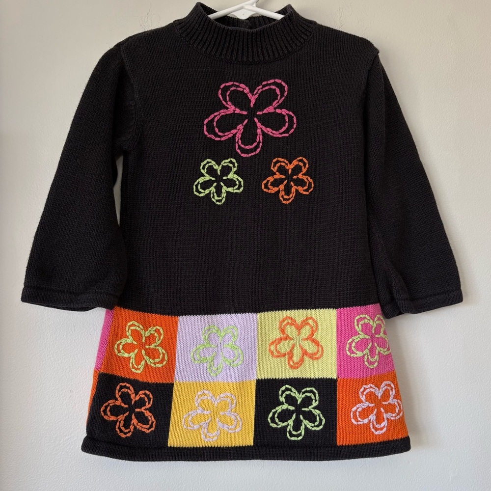 Vtg Jane Seymour Toddler Sweater Dress Retro Black Flower Power Hippie Size 2T